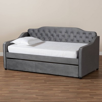 Gray Velvet Upholstered Twin Daybed with Tufted Back and Trundle