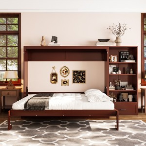 TIRAMISUBEST Queen Size Murphy Bed with Height Adjustable Storage Compartments and Shelf, Multifunctional Foldable Platform Bed Wall Bed with 1 Drawer - 1 of 4