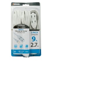 Woods 9' 3pk Extension Cords: Indoor White, 16 AWG, 2-Conductor, 3 Outlets, UL Listed, 13A, 1 Year Warranty - 1 of 1