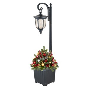 C Cattleya 1-Light Black Solar Outdoor Post Light with Planter and Crackle Glass - 1 of 4