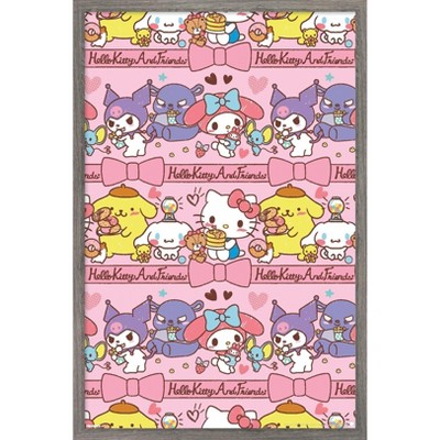 Trends International Hello Kitty and Friends: 25 Snack Time - Collage Framed Wall Poster Prints Barnwood Framed Version 22.375" x 34"