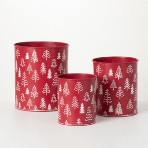 Red Tree Motif Planter Multicolor 11.5"H Metal Set of 3 - 1 of 4