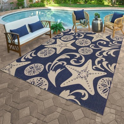 Navy and Beige Nautical Starfish Flatweave Outdoor Rug 6'6" x 9'6"