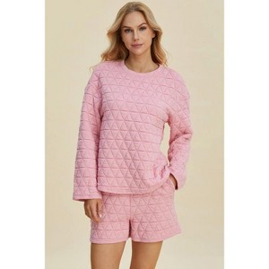 I am a Fashion junky Double Take Full Size Texture Round Neck Long Sleeve Top and Shorts Set - 1 of 4