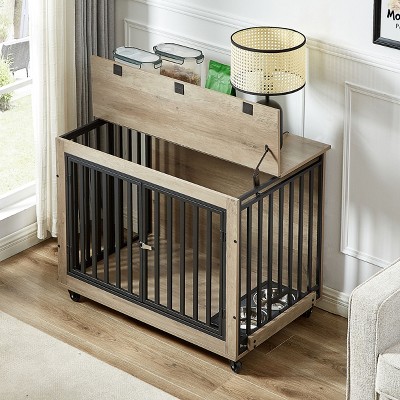 NicBex 38.58Inch Dog Crate Wooden Dog Kennel Furniture with Flip-Up Top End Table Dog Cage with 3 Doors and Wheels,Indoor Use,Gray