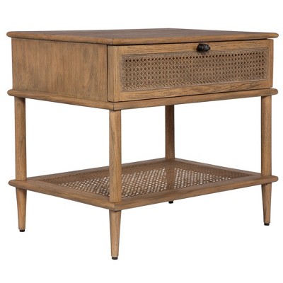 Mindi Wood and Rattan Cane Brown Side Table with Storage