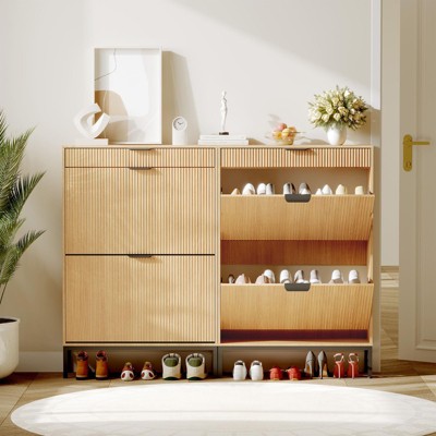 Fluted Shoe Storage Cabinet with 2 Flip Drawers & Pull-Out Drawer & Hook, Wooden Slim Shoe Organizer, Hidden Shoe Storage for Entryway