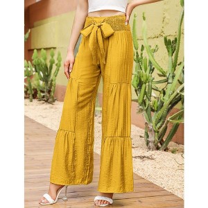 Women's Elastic Smocked Loose Wide Leg High Waist Pants  With Belt - 1 of 4
