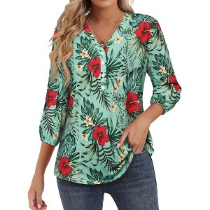 Nlife Women's Casual V Neck Floral Print 3/4 Length Sleeve Blouses Tropical Hawaiian Shirt Tops - 1 of 4