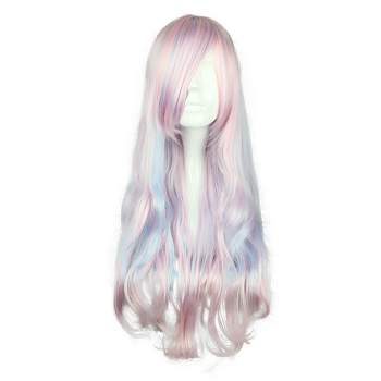 Unique Bargains Curly Women's Wigs 28" Pink Highlights Blue  with Wig Cap