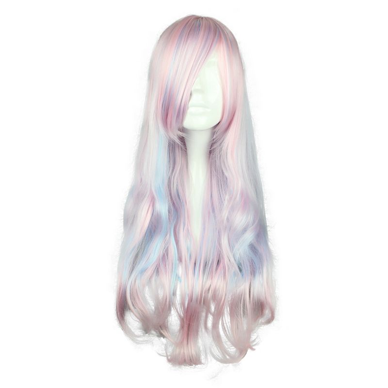 Unique Bargains Curly Women's Wigs 28" Pink Highlights Blue  with Wig Cap, 1 of 7