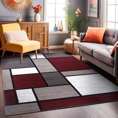 Red and Gray Geometric Low Pile Area Rug
