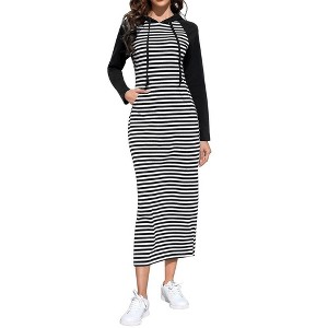 Womens Sweatshirts Dress Maxi Hoodie Dress Long Sleeve Sheath Dress Stripes Dress with Front Pocket - 1 of 4