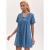 INSPIRE CHIC Women's Denim Short Sleeve V Neck Pockets Tie Front Casual A-Line Mini Jean Dresses - 2 of 4