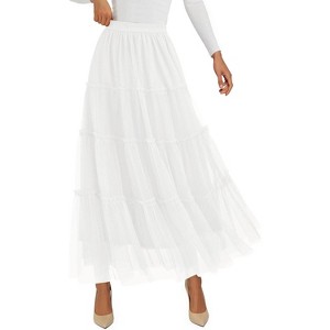 Tulle Skirts for Women 2025 Fall Fashion Elastic High Waisted Fairy Tiered Flowy A-Line Casual Maxi Long Skirt White - 1 of 4