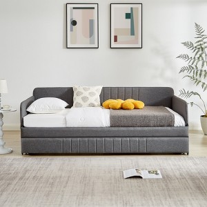 Twin Size Metal Daybed with Trundle, Sofa Bed with Linen Upholstery in Gray - ModernLuxe - 1 of 4