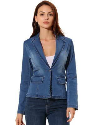 INSPIRE CHIC Women's Notched Lapel Button Up Long Sleeve Washed Denim Blazer