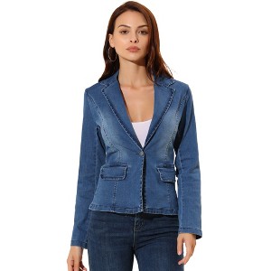 INSPIRE CHIC Women's Notched Lapel Button Up Long Sleeve Washed Denim Blazer - 1 of 4
