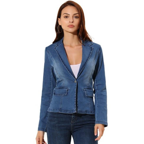 Allegra K Women's Notched Lapel Button Up Long Sleeve Washed Denim