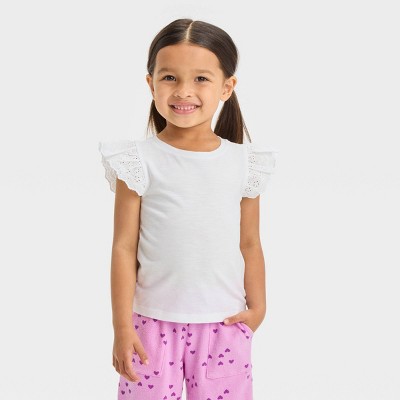 Toddler Girls' Eyelet Top - Cat & Jack™ White 12M: Ruffle Sleeve, Jersey,  Crewneck, Solid Pattern, Pullover