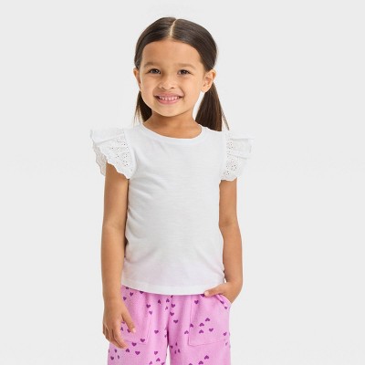 Image of Toddler Girls' Eyelet Top - Cat & Jack™ White 5T: Ruffle Sleeves, Soft Jersey, Crewneck, Short Sleeve, Pullover