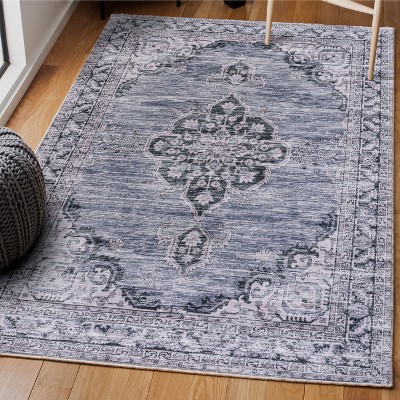 Navy and Gray Chenille Medallion Washable Area Rug