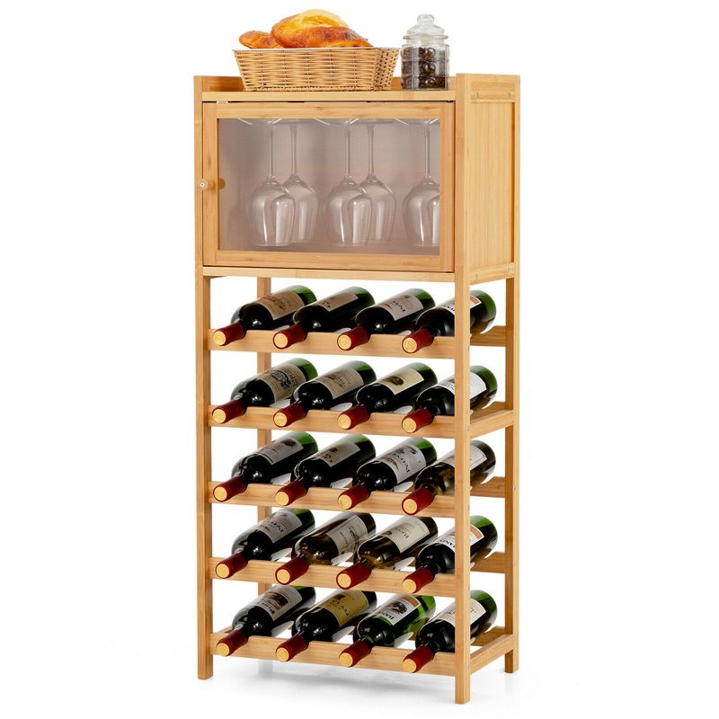 Costway 20-Bottle Bamboo Wine Rack Cabinet Freestanding Display Shelf w/ Glass Hanger, 1 of 11