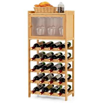 Costway 20-Bottle Bamboo Wine Rack Cabinet Freestanding Display Shelf w/ Glass Hanger