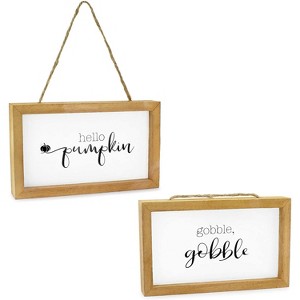 AuldHome Design 8.5x5" Farmhouse Decor Fall Theme Wood Signs 2pc Set; Mini Welcome Seasonal Plaques Pumpkin - 1 of 4