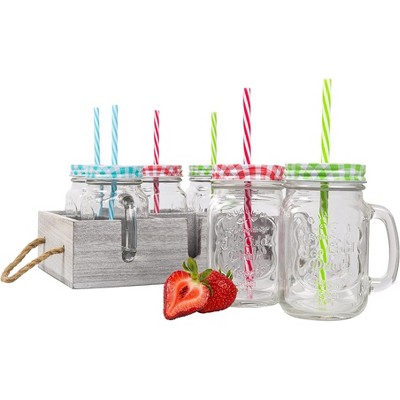 Deco Glass Drinking Mason Jar Cups with Handle & Wooden Carrier with Reusable Straws  Lids & Handles Set of 6  16oz