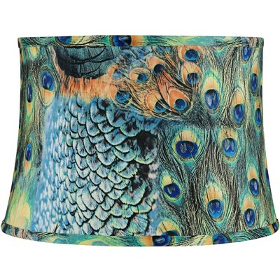 Springcrest Peacock Print Medium Drum Lamp Shade 14" Top x 16" Bottom x 11" Slant (Spider) Replacement with Harp and Finial