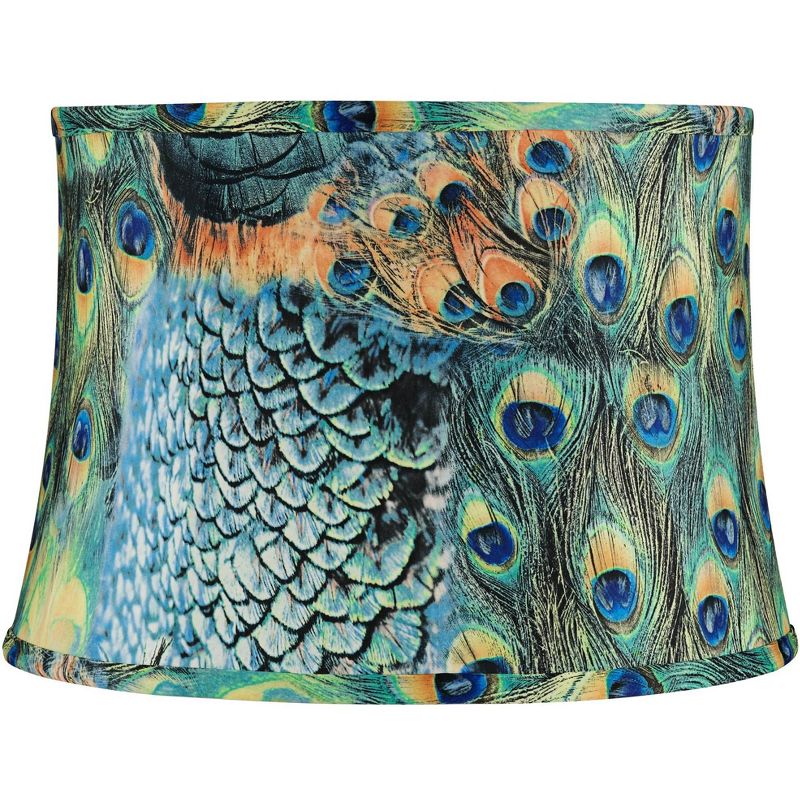 Springcrest Peacock Print Medium Drum Lamp Shade 14" Top x 16" Bottom x 11" Slant (Spider) Replacement with Harp and Finial, 1 of 11