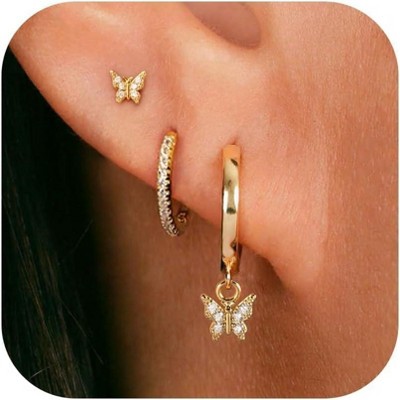 3 Pairs Small Gold Hoop Earring, 14K Gold Plated Earring Stacks Butterfly Heart Star Moon Bow Four Leaf Rhombus Round CZ Pearl