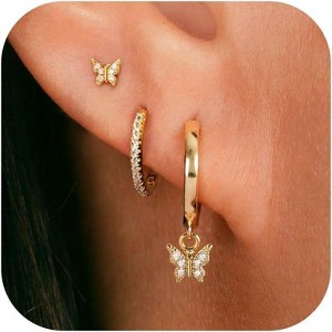 3 Pairs Small Gold Hoop Earring, 14K Gold Plated Earring Stacks Butterfly Heart Star Moon Bow Four Leaf Rhombus Round CZ Pearl - 1 of 4