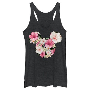 Women's Mickey & Friends Pink Floral Mickey Mouse Logo Racerback Tank Top - 1 of 4