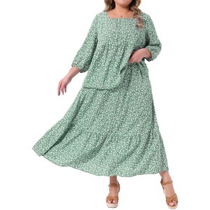 Women's Plus Size 2 Pieces Summer Outfits Floral Square Neck Peplum Babydoll Blouses and High Waist Maxi A Line Skirts Set - Agnes Orinda - 1 of 4