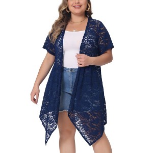 Agnes Orinda Women's Plus Size Lace Crochet Short Sleeves Sheer Open Front Trendy Cardigan - 1 of 4