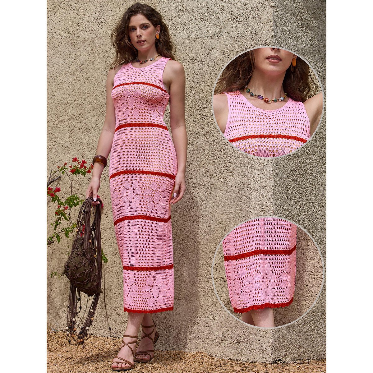 Женские платья INSPIRE CHIC Women's Crochet Cover Ups Striped Hollow Out Swimsuit Sleeveless Coverup Beach Dress Medium Pink Red — фото 2