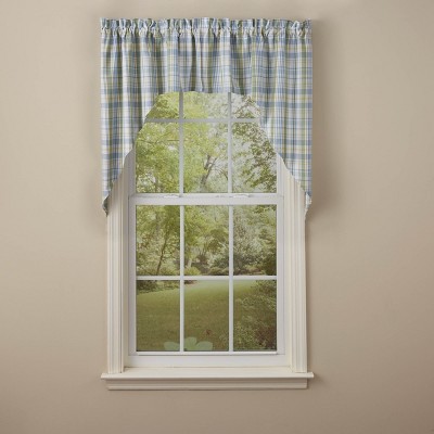 Blue and White Cotton Plaid Light-Filtering Kitchen Swag Curtain