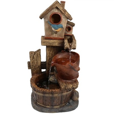 Sunnydaze 26"H Electric Polyresin Bluebird House and Buckets Outdoor Water Fountain