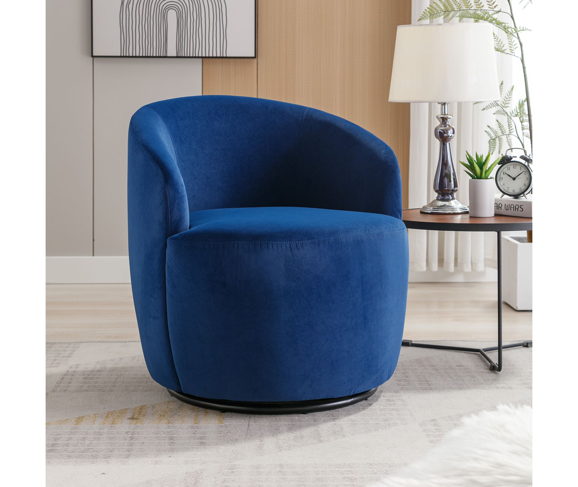 Fabric Swivel Accent Armchair Barrel Chair With Black Powder Coating Metal Ring