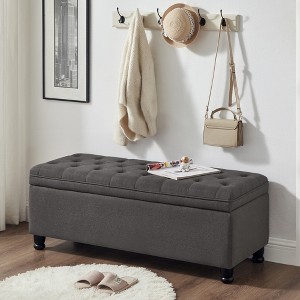 45.00"Upholstered tufted button storage bench ,Linen fabric entry bench with spindle wooden legs, Bed bench- Dark Gray - 1 of 4