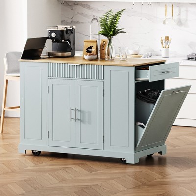 VYNXARIA Kitchen Island with Trash Can Storage Cabinet,Rolling Kitchen Islands on 5 Wheels with 3 Drawer,Gray Blue