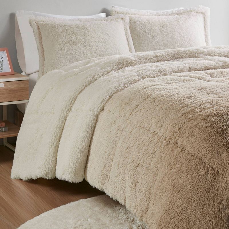 Full/QueenLeena Ombre Shaggy Long Fur Comforter Mini Set Natural - Intelligent Design: Multicolor, Gender Neutral, 3-Piece Set, 4 of 10