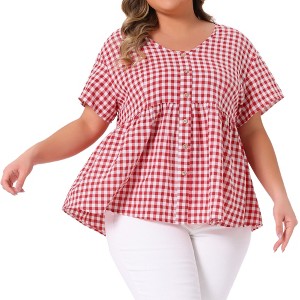 Agnes Orinda Women's Plus Size Gingham 1950s V-Neck Peplum Babydoll Tops with Button Detail - 1 of 4