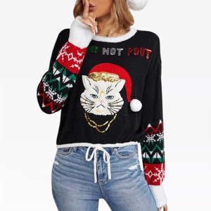 Womens Christmas Sweater Pullover Long Sleeve Crewneck Sequin Ugly Christmas Sweater Better Not Pout Funny Saying Christmas Cat Sweater - 1 of 4