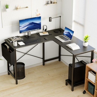 L Shaped Computer Office Desk -Wooden Desktop With Metal Frame,Wooden Table With Cpu Storage Shelf And Side Bag-Cuddlewood