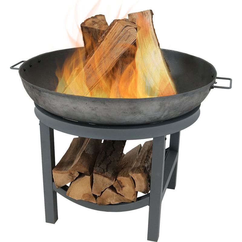 Sunnydaze Outdoor Camping or Backyard Cast Iron Round Fire Pit with Built-In Log Rack - 30" - Dark Gray, 1 of 9