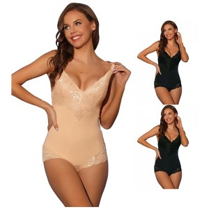 INSPIRE CHIC Women's Lace Adjustable Straps Tummy-Control Backless V Neck Body Shaper 3 Packs - 1 of 4