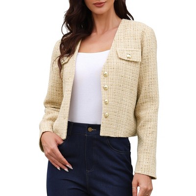 INSPIRE CHIC Women's Tweed Long Sleeve Button Down Collarless Elegant Cropped Jacket
